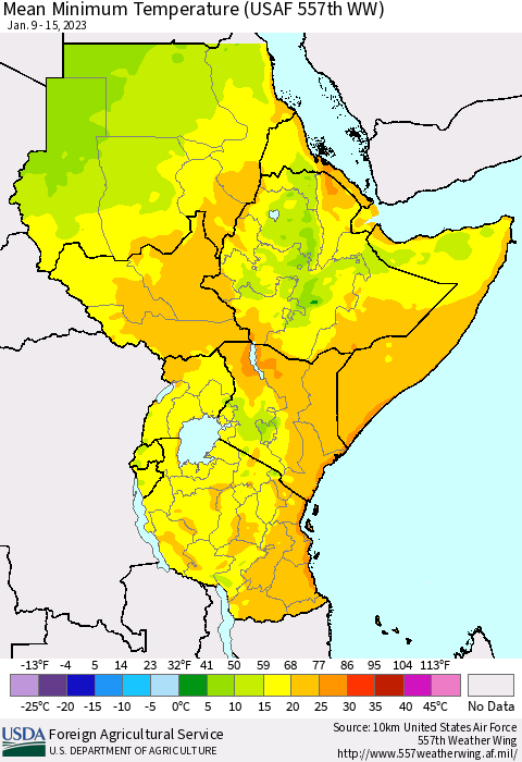 Eastern Africa Mean Minimum Temperature (USAF 557th WW) Thematic Map For 1/9/2023 - 1/15/2023