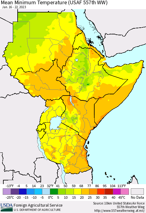 Eastern Africa Mean Minimum Temperature (USAF 557th WW) Thematic Map For 1/16/2023 - 1/22/2023