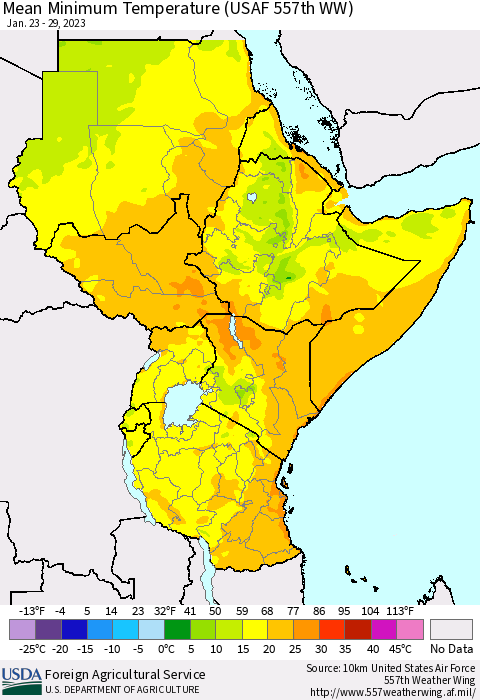 Eastern Africa Mean Minimum Temperature (USAF 557th WW) Thematic Map For 1/23/2023 - 1/29/2023