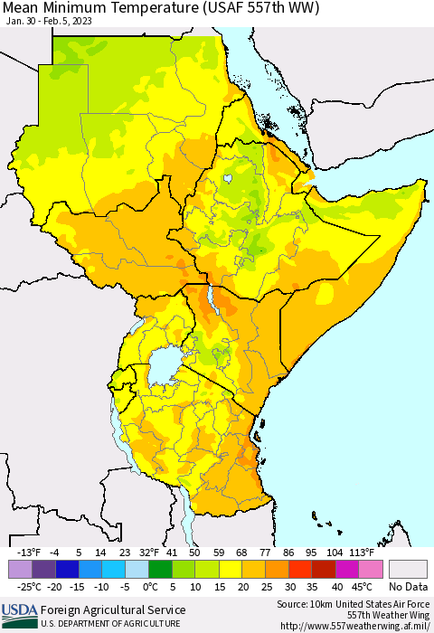 Eastern Africa Mean Minimum Temperature (USAF 557th WW) Thematic Map For 1/30/2023 - 2/5/2023