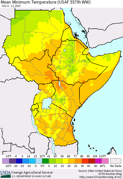 Eastern Africa Mean Minimum Temperature (USAF 557th WW) Thematic Map For 2/6/2023 - 2/12/2023