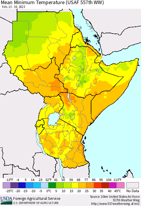 Eastern Africa Mean Minimum Temperature (USAF 557th WW) Thematic Map For 2/13/2023 - 2/19/2023