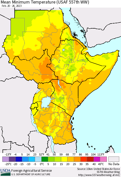 Eastern Africa Mean Minimum Temperature (USAF 557th WW) Thematic Map For 2/20/2023 - 2/26/2023