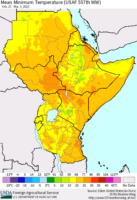 Eastern Africa Mean Minimum Temperature (USAF 557th WW) Thematic Map For 2/27/2023 - 3/5/2023