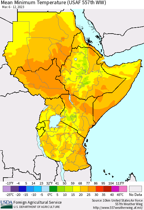 Eastern Africa Mean Minimum Temperature (USAF 557th WW) Thematic Map For 3/6/2023 - 3/12/2023