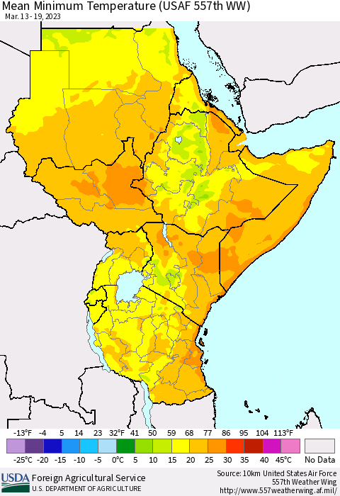 Eastern Africa Mean Minimum Temperature (USAF 557th WW) Thematic Map For 3/13/2023 - 3/19/2023