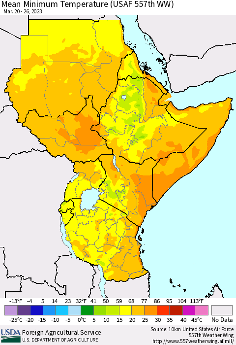 Eastern Africa Mean Minimum Temperature (USAF 557th WW) Thematic Map For 3/20/2023 - 3/26/2023