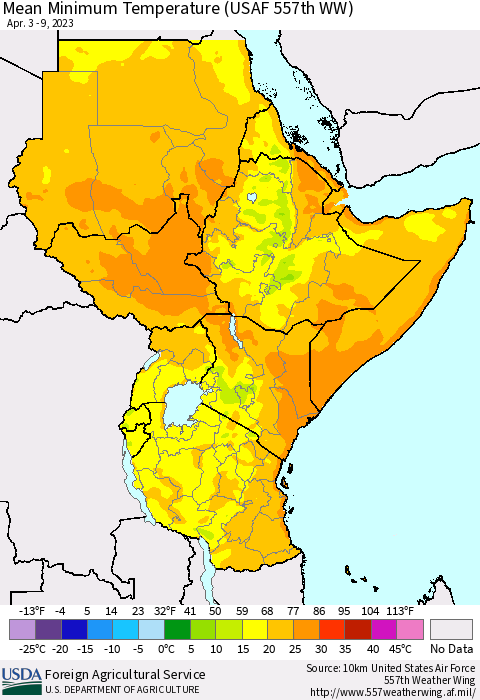 Eastern Africa Mean Minimum Temperature (USAF 557th WW) Thematic Map For 4/3/2023 - 4/9/2023