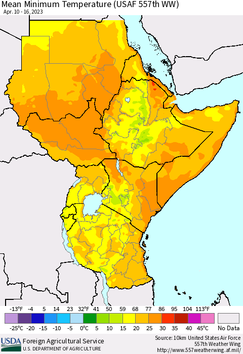 Eastern Africa Mean Minimum Temperature (USAF 557th WW) Thematic Map For 4/10/2023 - 4/16/2023