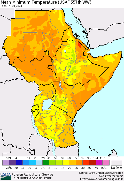 Eastern Africa Mean Minimum Temperature (USAF 557th WW) Thematic Map For 4/17/2023 - 4/23/2023