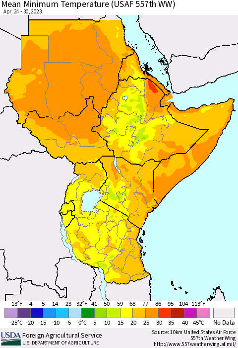 Eastern Africa Mean Minimum Temperature (USAF 557th WW) Thematic Map For 4/24/2023 - 4/30/2023