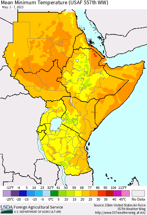 Eastern Africa Mean Minimum Temperature (USAF 557th WW) Thematic Map For 5/1/2023 - 5/7/2023
