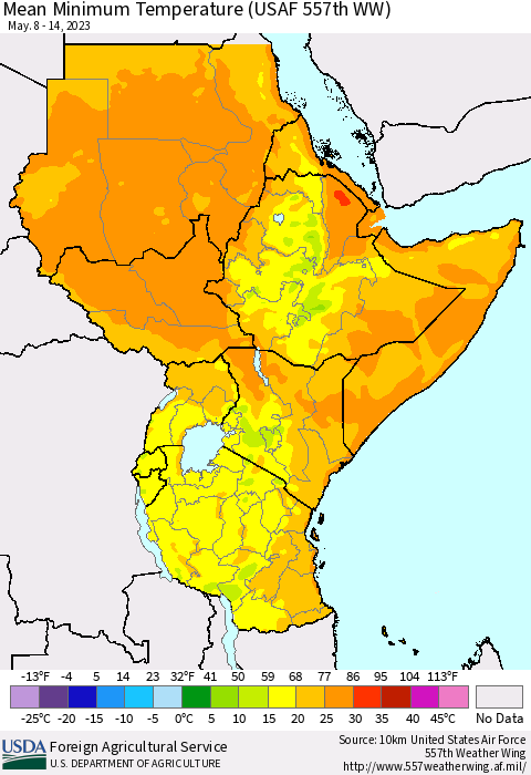 Eastern Africa Mean Minimum Temperature (USAF 557th WW) Thematic Map For 5/8/2023 - 5/14/2023
