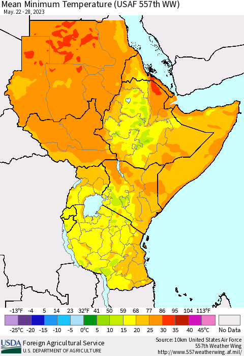 Eastern Africa Mean Minimum Temperature (USAF 557th WW) Thematic Map For 5/22/2023 - 5/28/2023