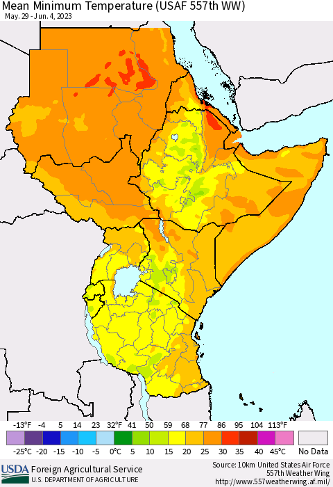 Eastern Africa Mean Minimum Temperature (USAF 557th WW) Thematic Map For 5/29/2023 - 6/4/2023