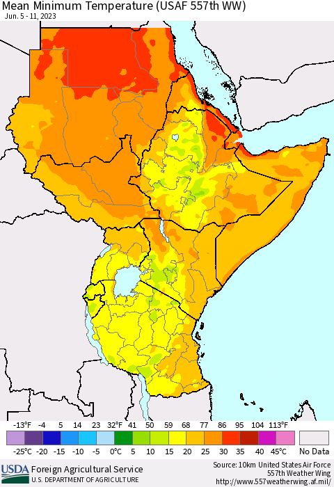 Eastern Africa Mean Minimum Temperature (USAF 557th WW) Thematic Map For 6/5/2023 - 6/11/2023