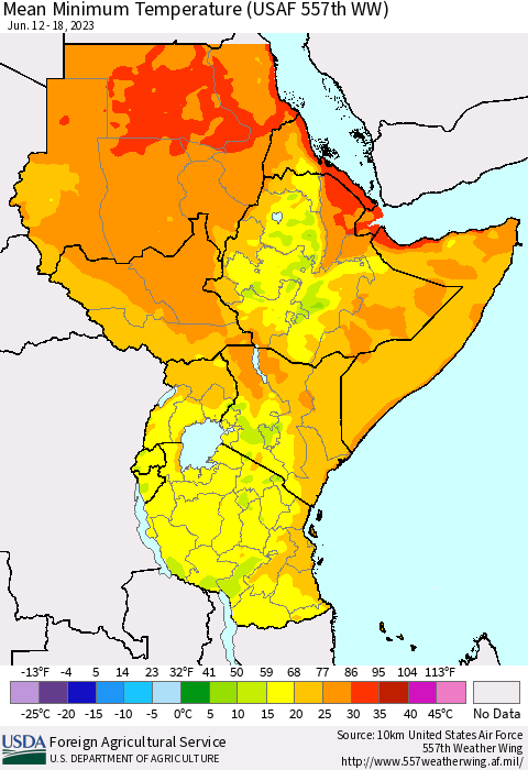 Eastern Africa Mean Minimum Temperature (USAF 557th WW) Thematic Map For 6/12/2023 - 6/18/2023