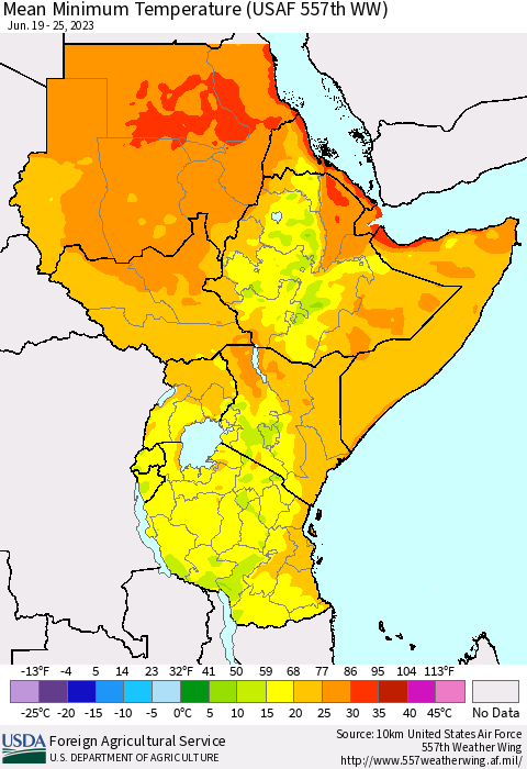 Eastern Africa Mean Minimum Temperature (USAF 557th WW) Thematic Map For 6/19/2023 - 6/25/2023