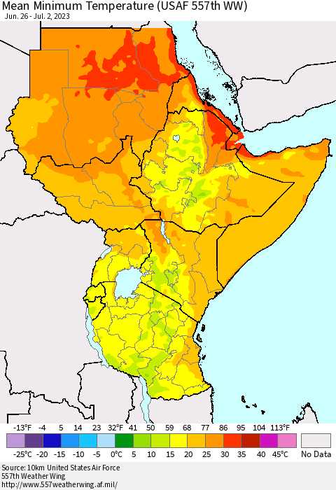 Eastern Africa Mean Minimum Temperature (USAF 557th WW) Thematic Map For 6/26/2023 - 7/2/2023