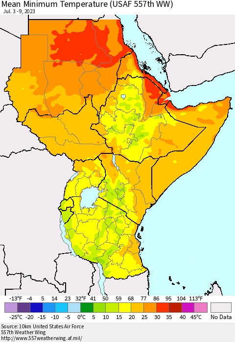 Eastern Africa Mean Minimum Temperature (USAF 557th WW) Thematic Map For 7/3/2023 - 7/9/2023