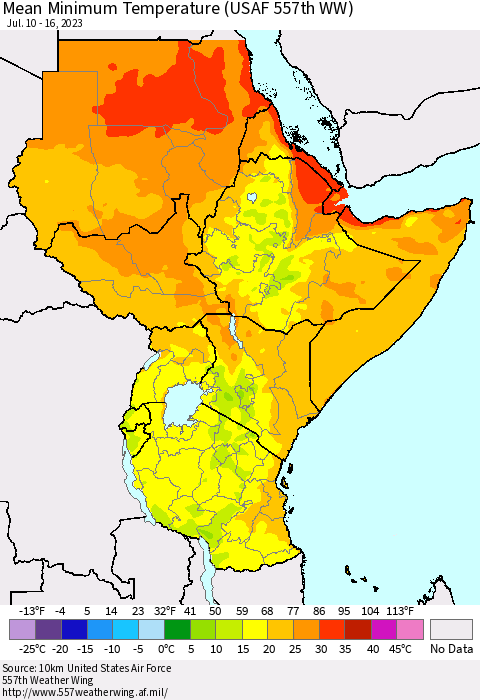 Eastern Africa Mean Minimum Temperature (USAF 557th WW) Thematic Map For 7/10/2023 - 7/16/2023