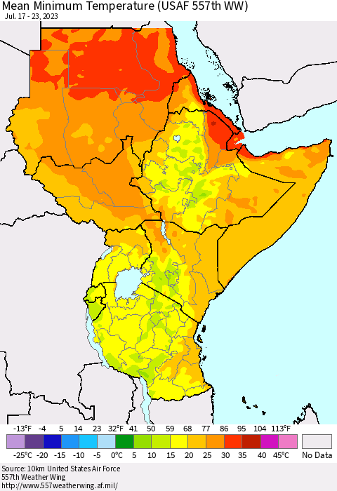 Eastern Africa Mean Minimum Temperature (USAF 557th WW) Thematic Map For 7/17/2023 - 7/23/2023