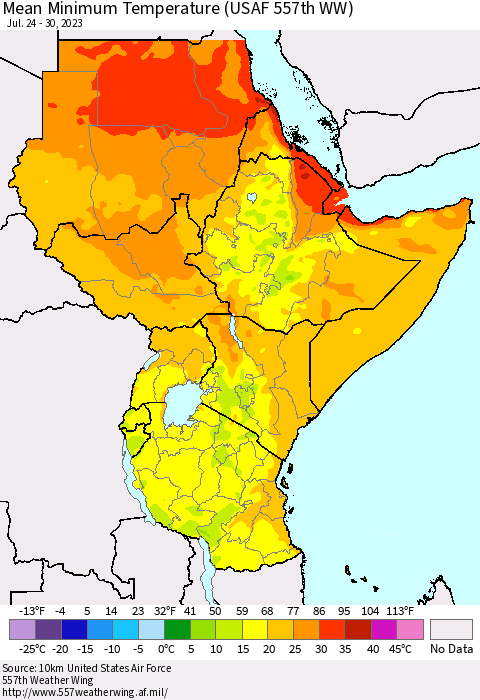 Eastern Africa Mean Minimum Temperature (USAF 557th WW) Thematic Map For 7/24/2023 - 7/30/2023