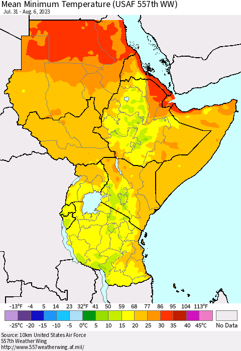 Eastern Africa Mean Minimum Temperature (USAF 557th WW) Thematic Map For 7/31/2023 - 8/6/2023