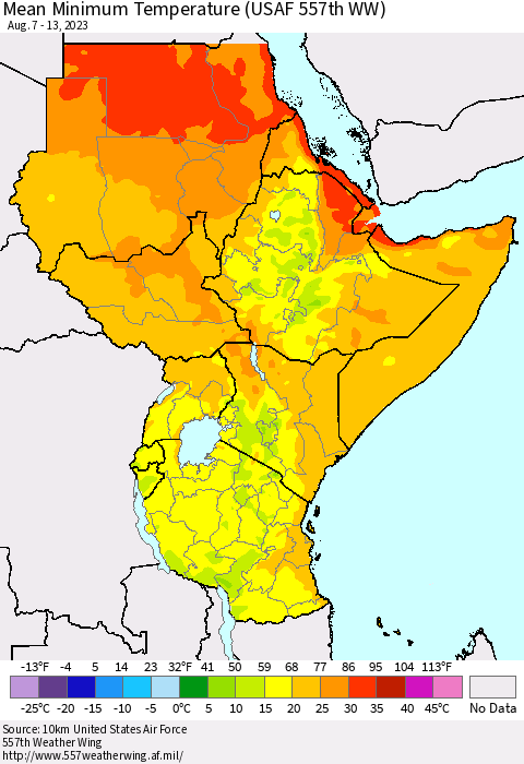 Eastern Africa Mean Minimum Temperature (USAF 557th WW) Thematic Map For 8/7/2023 - 8/13/2023