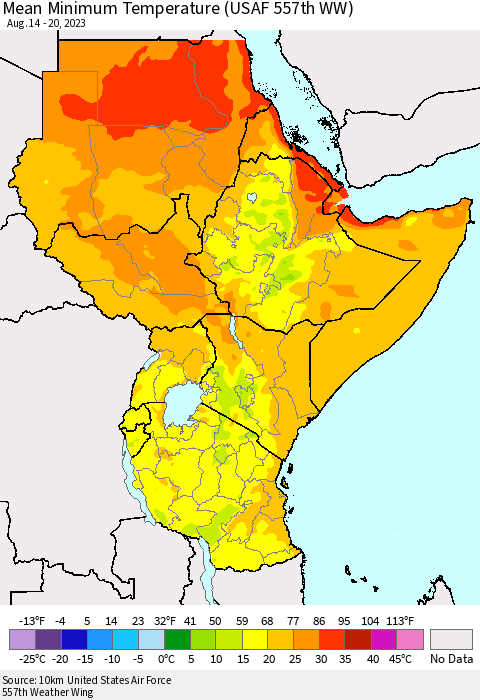 Eastern Africa Mean Minimum Temperature (USAF 557th WW) Thematic Map For 8/14/2023 - 8/20/2023
