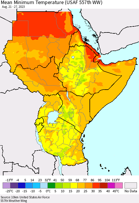 Eastern Africa Mean Minimum Temperature (USAF 557th WW) Thematic Map For 8/21/2023 - 8/27/2023