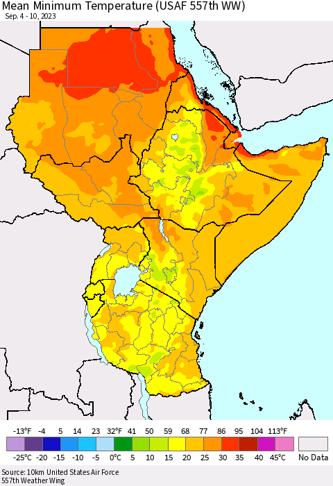 Eastern Africa Mean Minimum Temperature (USAF 557th WW) Thematic Map For 9/4/2023 - 9/10/2023