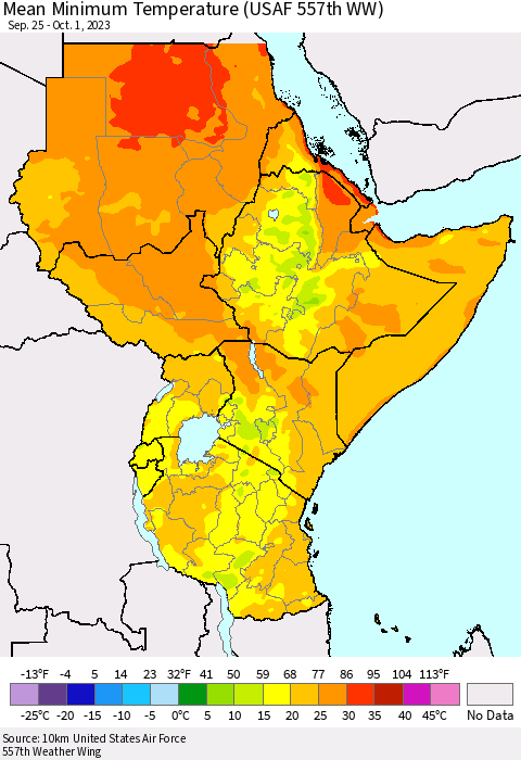 Eastern Africa Mean Minimum Temperature (USAF 557th WW) Thematic Map For 9/25/2023 - 10/1/2023