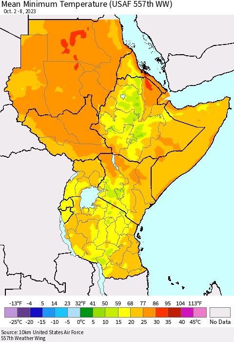 Eastern Africa Mean Minimum Temperature (USAF 557th WW) Thematic Map For 10/2/2023 - 10/8/2023
