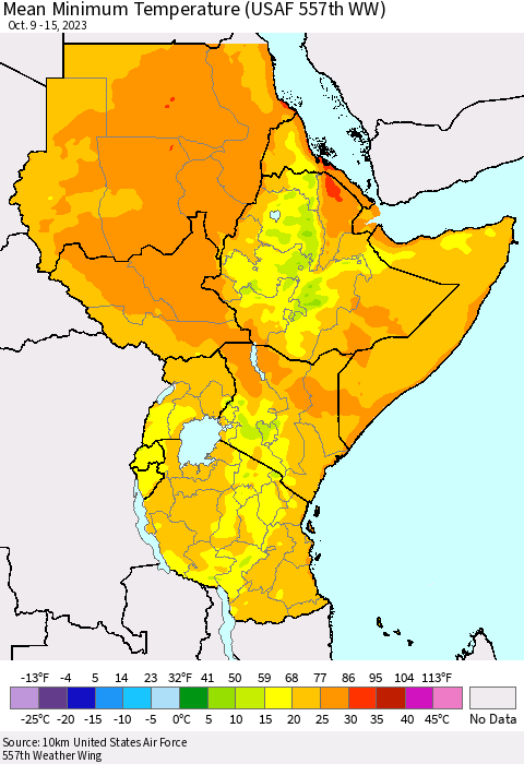 Eastern Africa Mean Minimum Temperature (USAF 557th WW) Thematic Map For 10/9/2023 - 10/15/2023