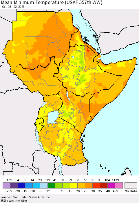 Eastern Africa Mean Minimum Temperature (USAF 557th WW) Thematic Map For 10/16/2023 - 10/22/2023