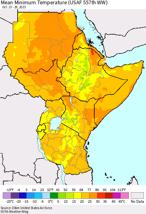 Eastern Africa Mean Minimum Temperature (USAF 557th WW) Thematic Map For 10/23/2023 - 10/29/2023