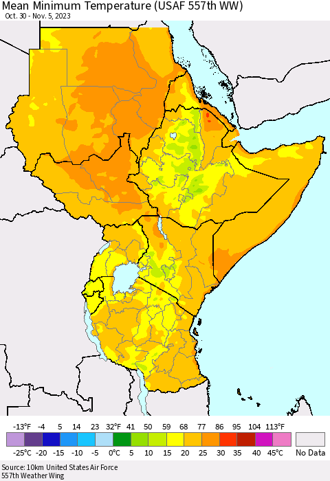 Eastern Africa Mean Minimum Temperature (USAF 557th WW) Thematic Map For 10/30/2023 - 11/5/2023