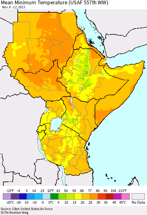 Eastern Africa Mean Minimum Temperature (USAF 557th WW) Thematic Map For 11/6/2023 - 11/12/2023