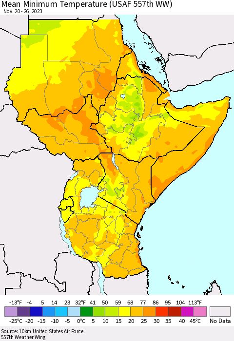 Eastern Africa Mean Minimum Temperature (USAF 557th WW) Thematic Map For 11/20/2023 - 11/26/2023