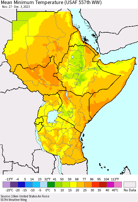 Eastern Africa Mean Minimum Temperature (USAF 557th WW) Thematic Map For 11/27/2023 - 12/3/2023