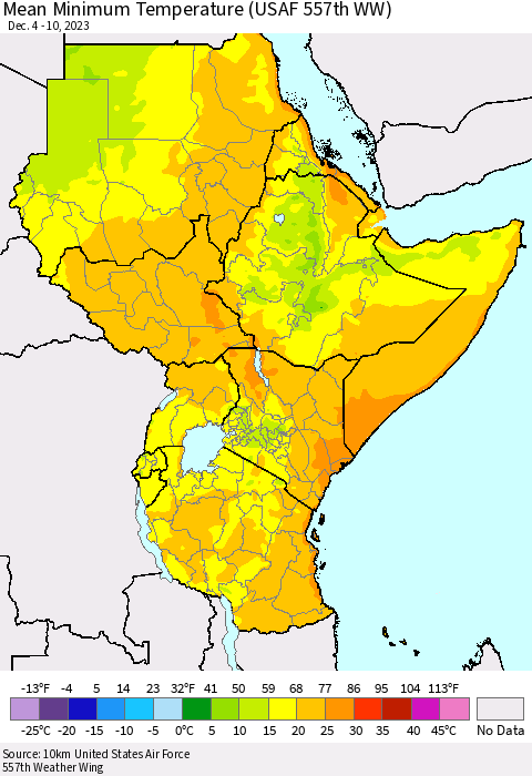 Eastern Africa Mean Minimum Temperature (USAF 557th WW) Thematic Map For 12/4/2023 - 12/10/2023