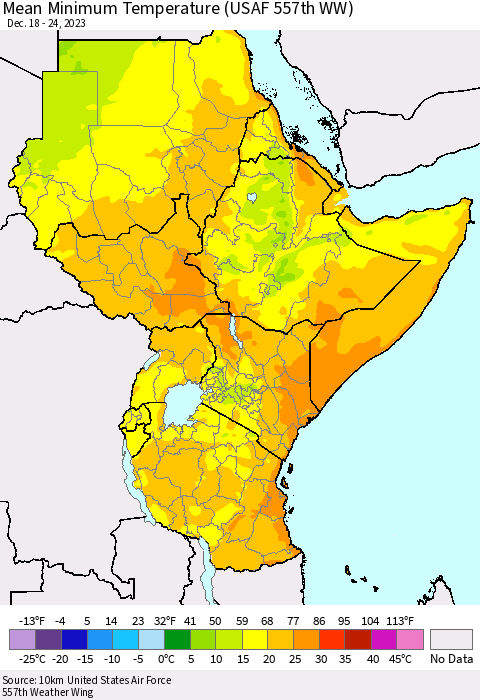 Eastern Africa Mean Minimum Temperature (USAF 557th WW) Thematic Map For 12/18/2023 - 12/24/2023