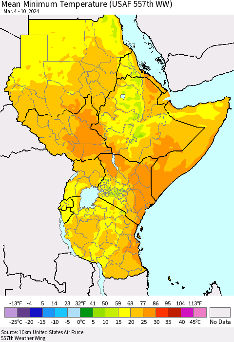 Eastern Africa Mean Minimum Temperature (USAF 557th WW) Thematic Map For 3/4/2024 - 3/10/2024