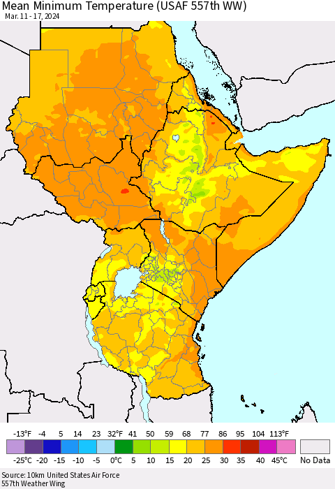 Eastern Africa Mean Minimum Temperature (USAF 557th WW) Thematic Map For 3/11/2024 - 3/17/2024