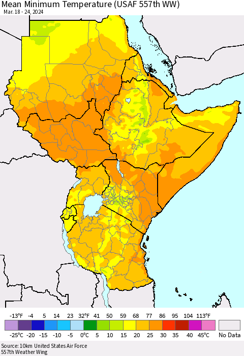 Eastern Africa Mean Minimum Temperature (USAF 557th WW) Thematic Map For 3/18/2024 - 3/24/2024