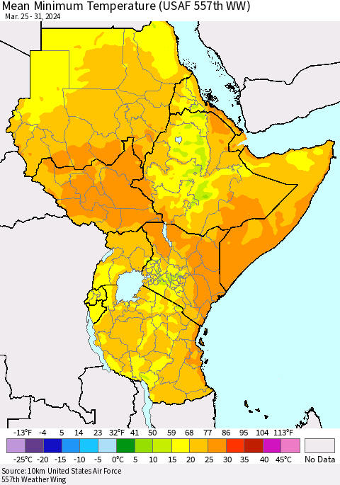 Eastern Africa Mean Minimum Temperature (USAF 557th WW) Thematic Map For 3/25/2024 - 3/31/2024