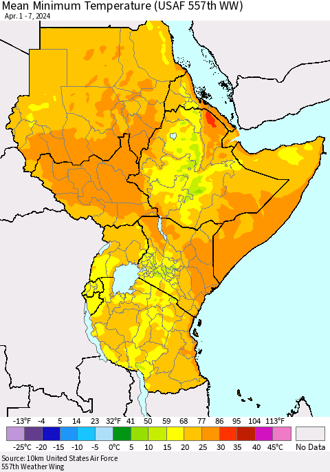 Eastern Africa Mean Minimum Temperature (USAF 557th WW) Thematic Map For 4/1/2024 - 4/7/2024