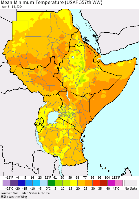 Eastern Africa Mean Minimum Temperature (USAF 557th WW) Thematic Map For 4/8/2024 - 4/14/2024