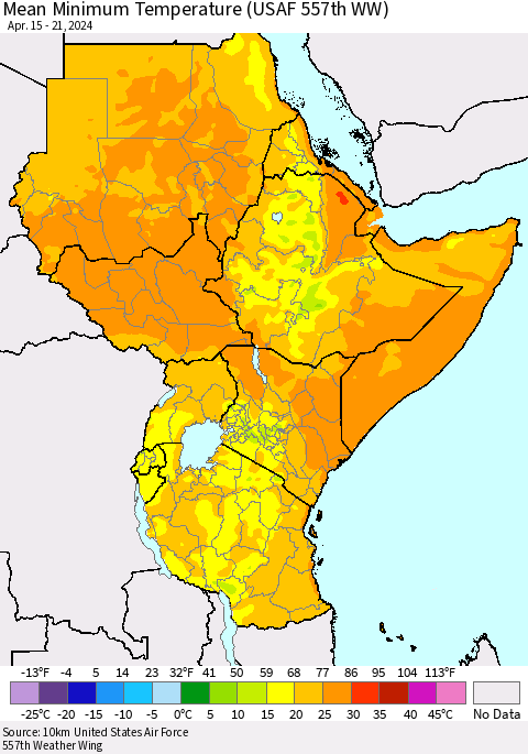 Eastern Africa Mean Minimum Temperature (USAF 557th WW) Thematic Map For 4/15/2024 - 4/21/2024